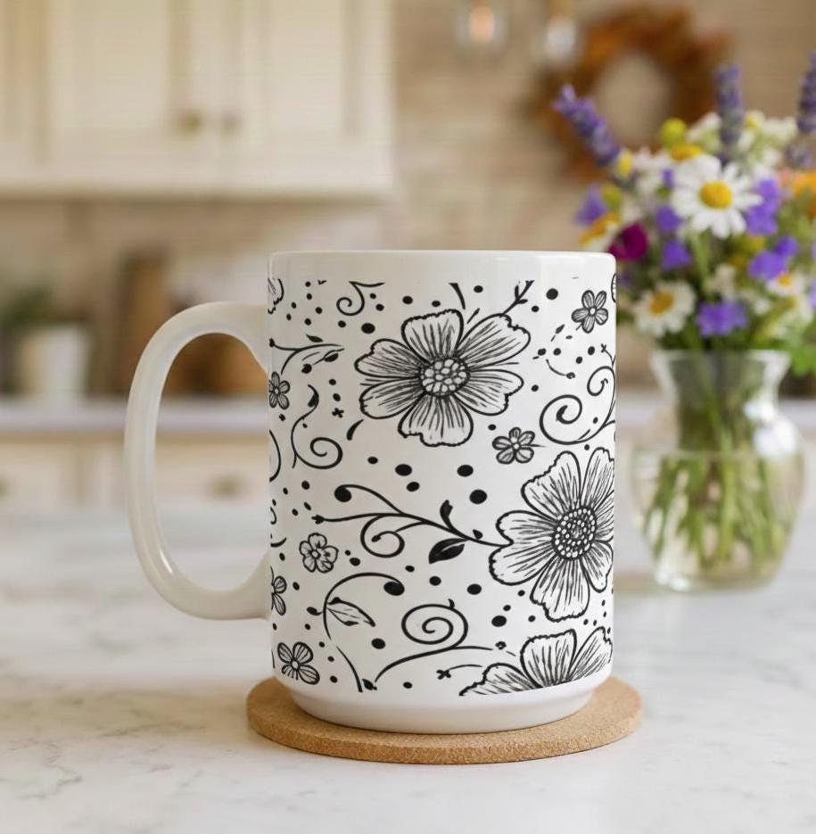 Set of Big Mugs, Floral Cup Set, Large 15 oz Matching Cups