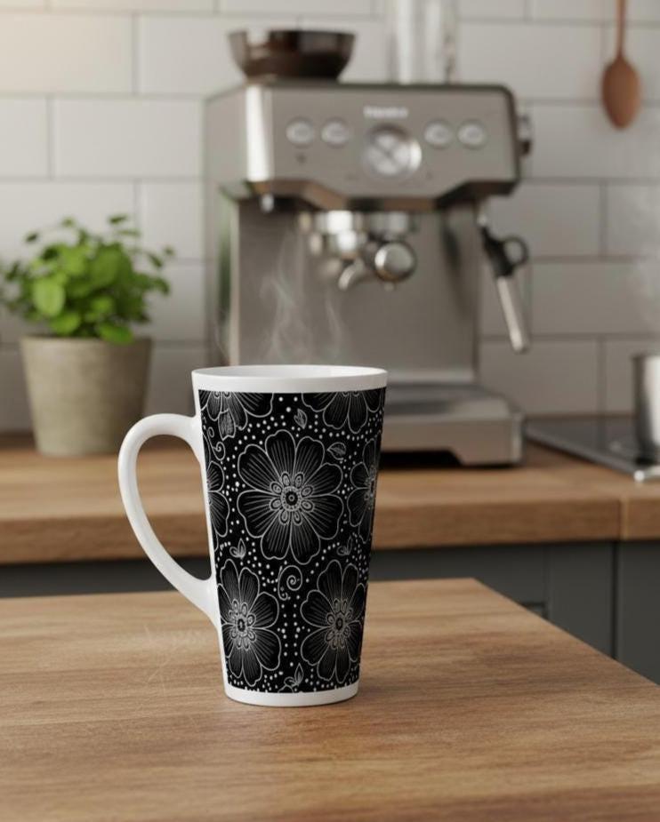 Set of 3 Cups, Floral, 17oz Latte Ceramic Mugs Set - Extra Tall Cup Set