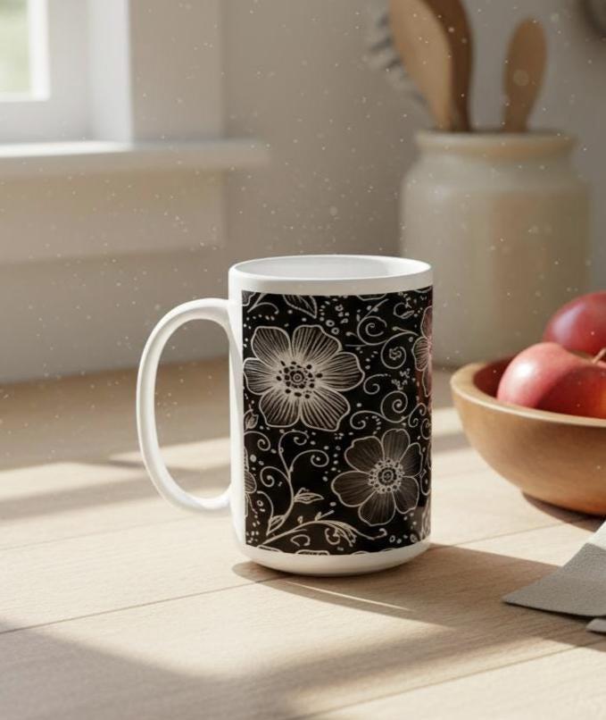 Set of Big Mugs, Floral Cup Set, Large 15 oz Matching Cups