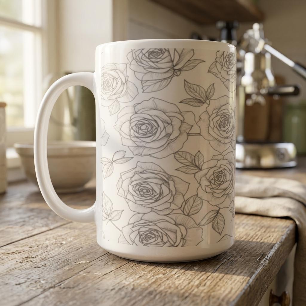 Set of Big Mugs, Floral Cup Set, Large 15 oz Matching Cups