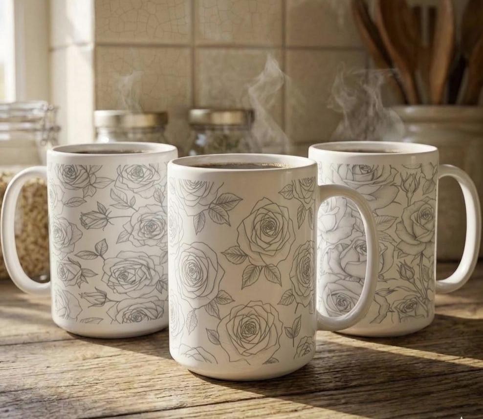 Set of Big Mugs, Floral Cup Set, Large 15 oz Matching Cups