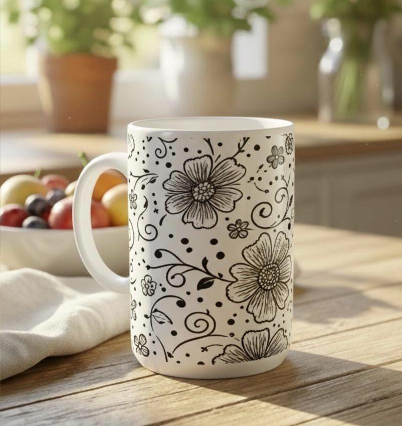 Set of Big Mugs, Floral Cup Set, Large 15 oz Matching Cups