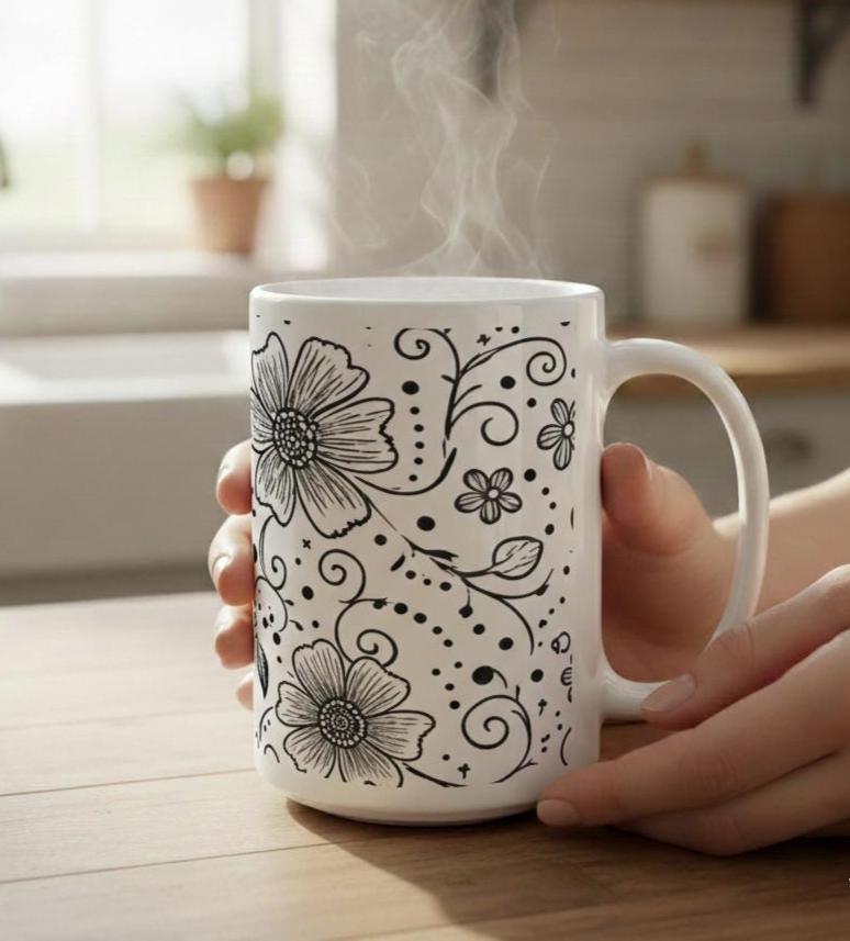 Set of Big Mugs, Floral Cup Set, Large 15 oz Matching Cups