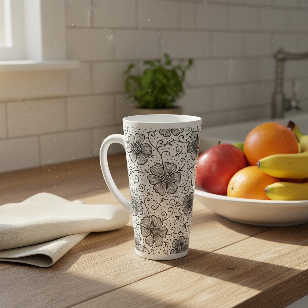 Set of 3 Cups, Floral, 17oz Latte Ceramic Mugs Set - Extra Tall Cup Set