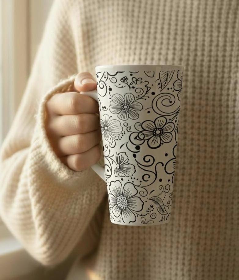 Set of 3 Cups, Floral, 17oz Latte Ceramic Mugs Set - Extra Tall Cup Set