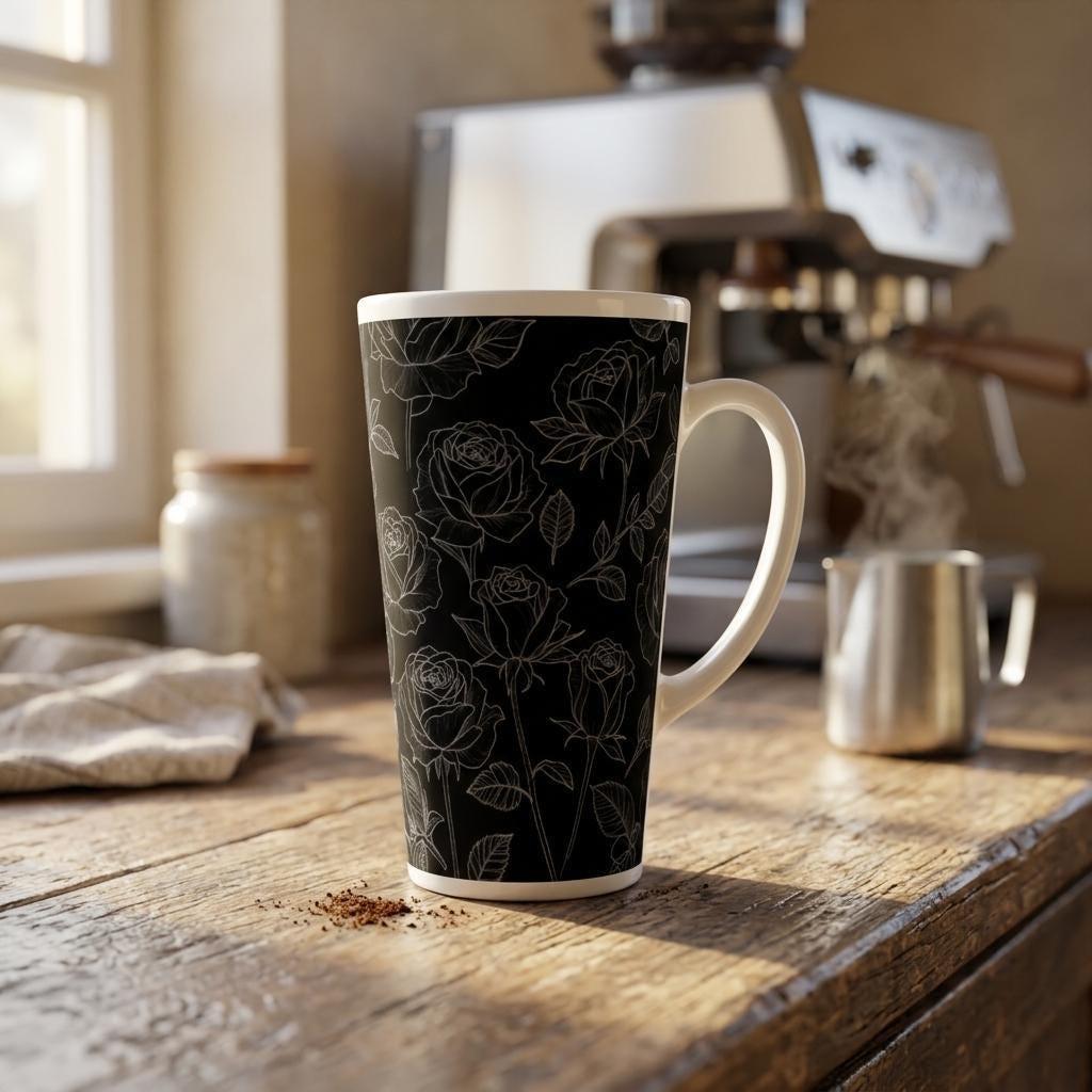 Black Roses, Latte 17oz Ceramic Mug - Coffee or Tea Cup, Extra Tall