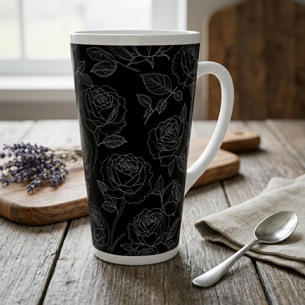 Black Roses, Latte 17oz Ceramic Mug - Coffee or Tea Cup, Extra Tall