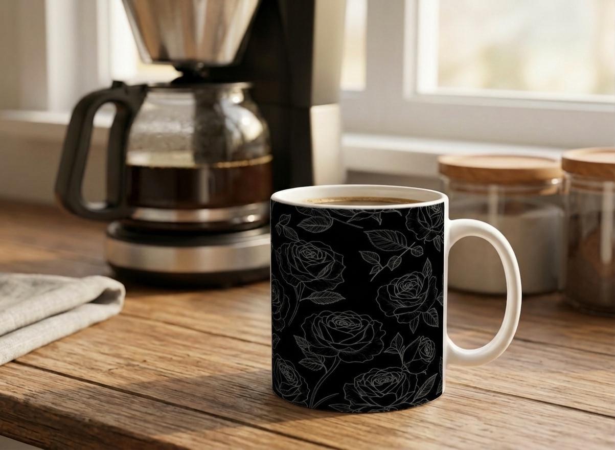 Roses, Dark Floral Large and Small Cups, 11oz and 15oz Ceramic Mug Set