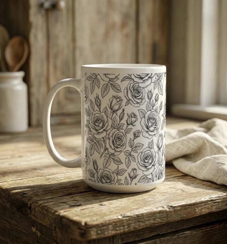 Set of Big Mugs, Floral Cup Set, Large 15 oz Matching Cups