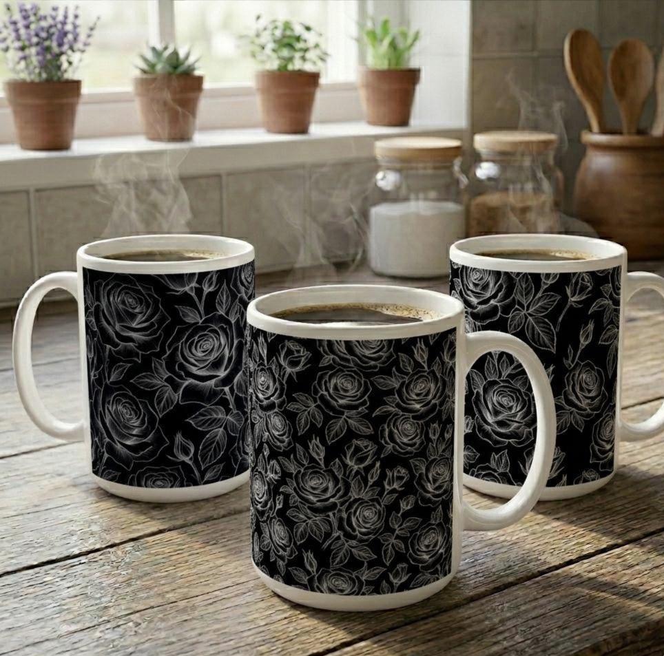 Set of Big Mugs, Floral Cup Set, Large 15 oz Matching Cups