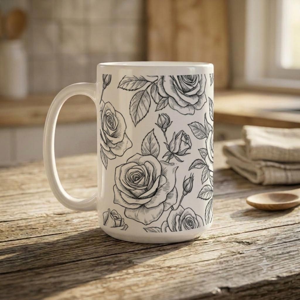 Set of Big Mugs, Floral Cup Set, Large 15 oz Matching Cups