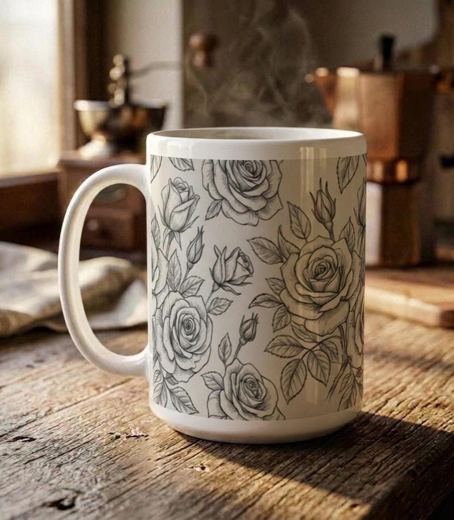 Set of Big Mugs, Floral Cup Set, Large 15 oz Matching Cups