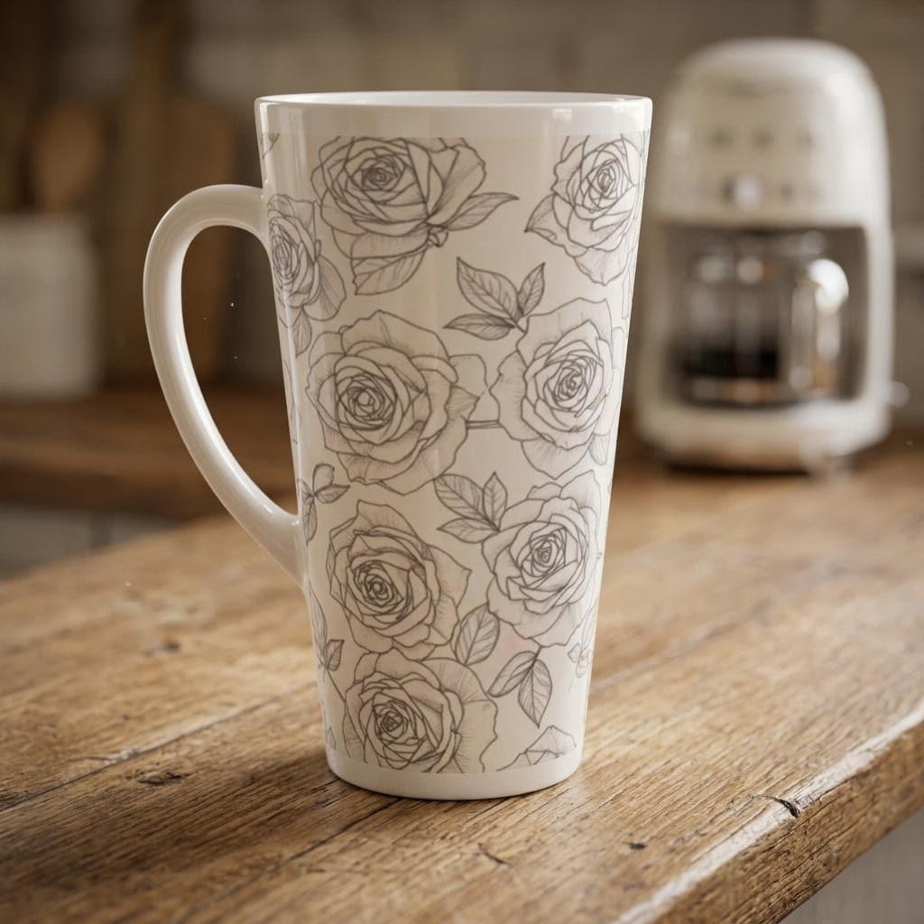 Set of 3 Cups, Floral, 17oz Latte Ceramic Mugs Set - Extra Tall Cup Set