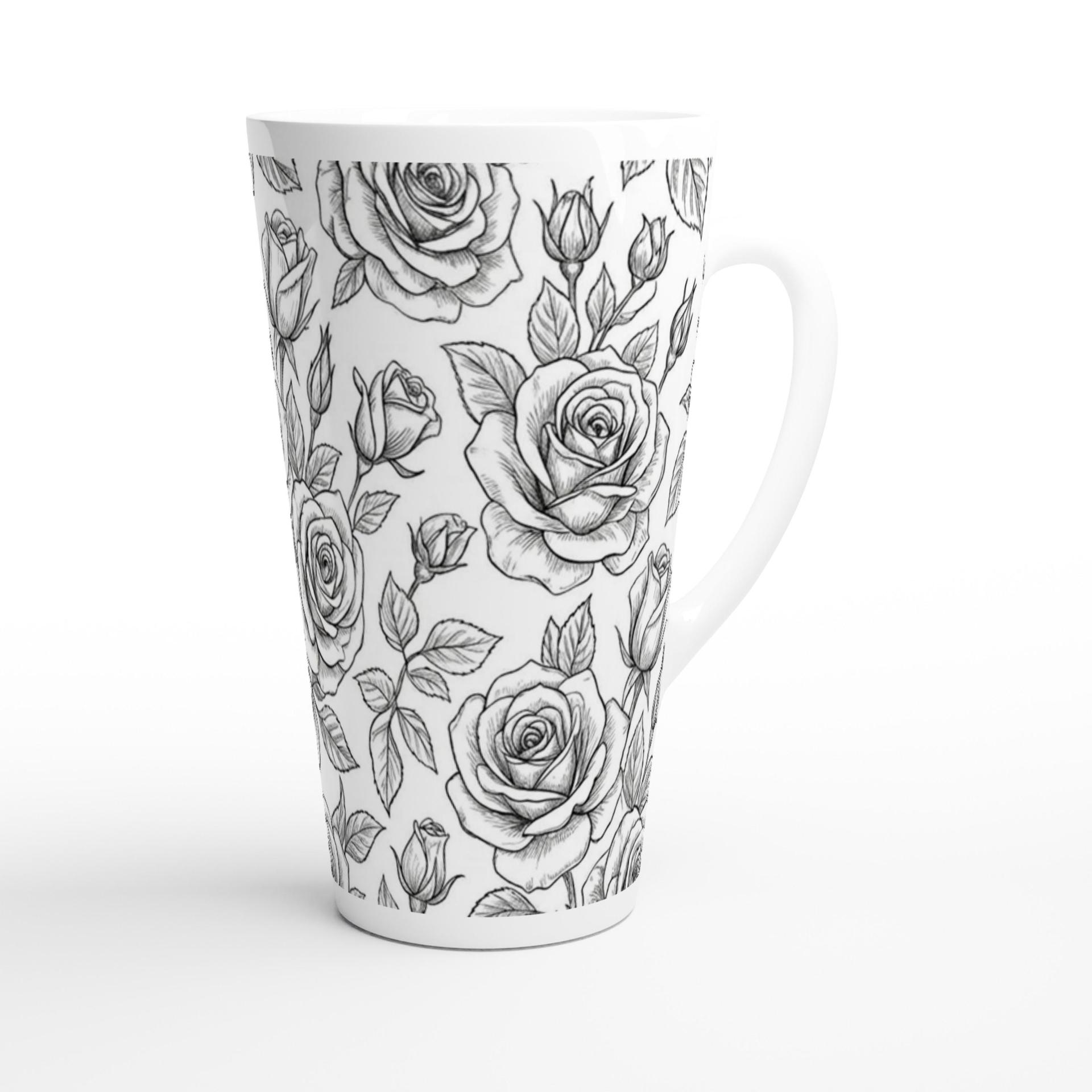 Set of 3 Cups, Floral, 17oz Latte Ceramic Mugs Set - Extra Tall Cup Set