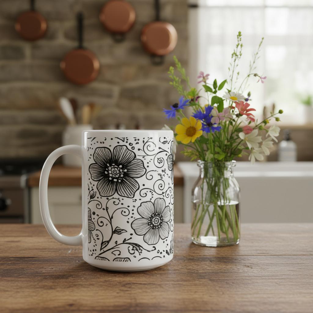 Set of Big Mugs, Floral Cup Set, Large 15 oz Matching Cups