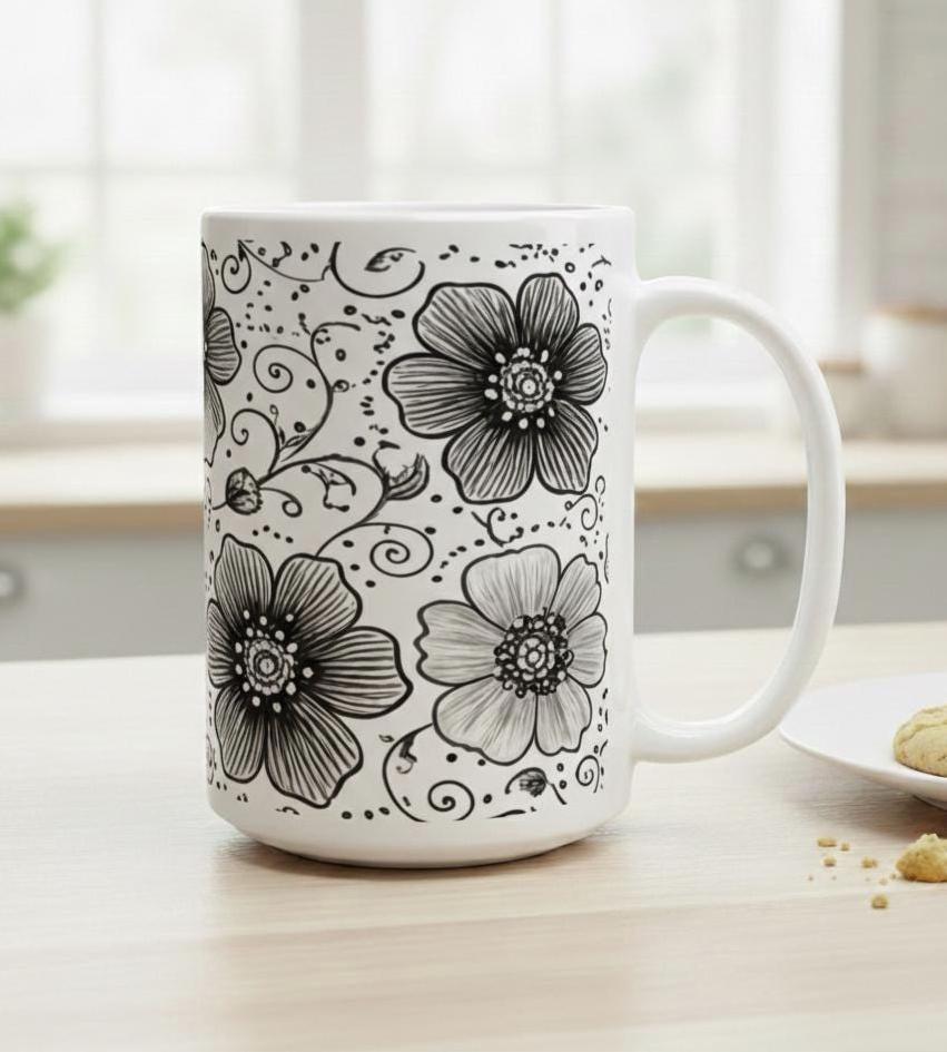 Set of Big Mugs, Floral Cup Set, Large 15 oz Matching Cups
