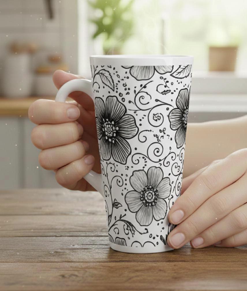 Set of 3 Cups, Floral, 17oz Latte Ceramic Mugs Set - Extra Tall Cup Set