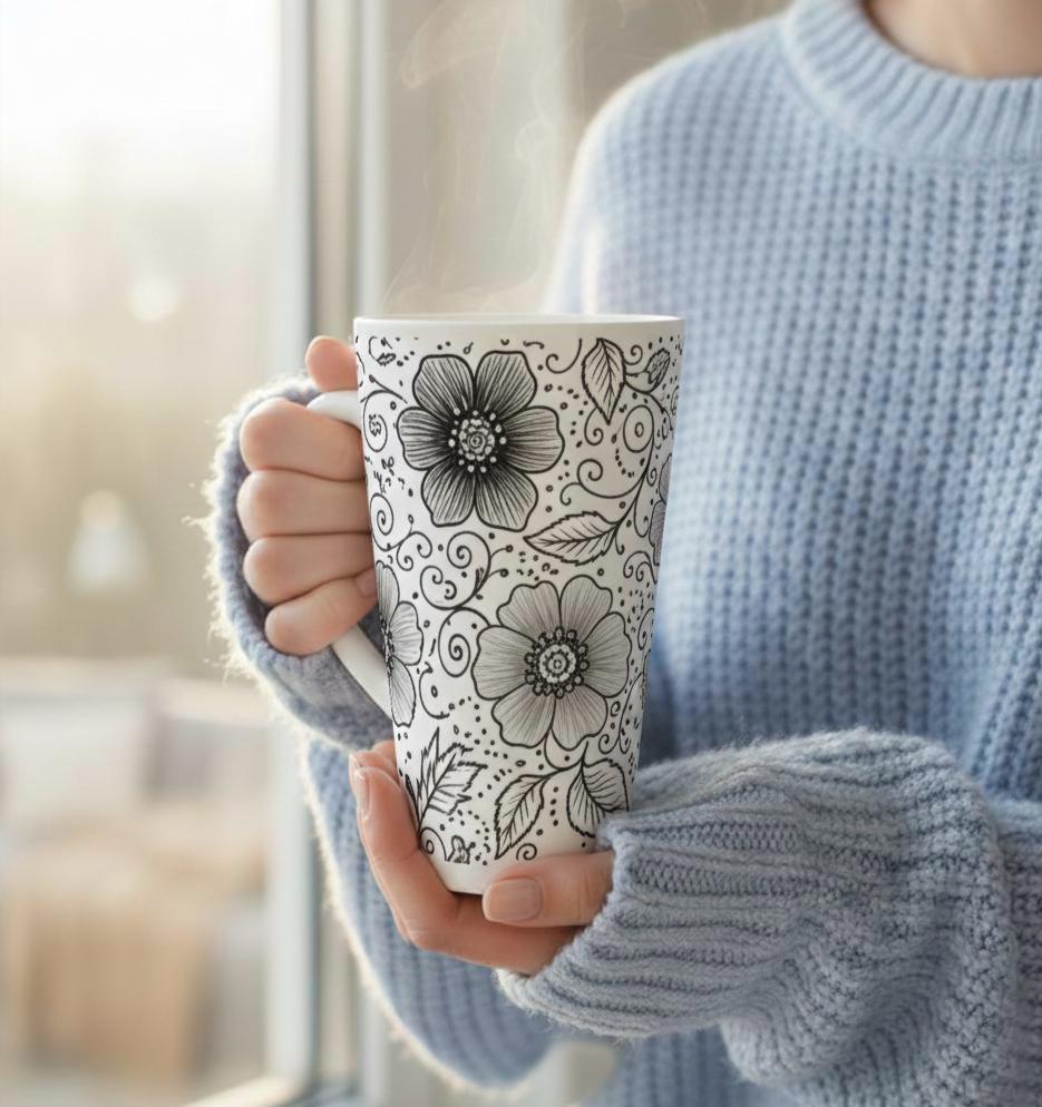 Set of 3 Cups, Floral, 17oz Latte Ceramic Mugs Set - Extra Tall Cup Set