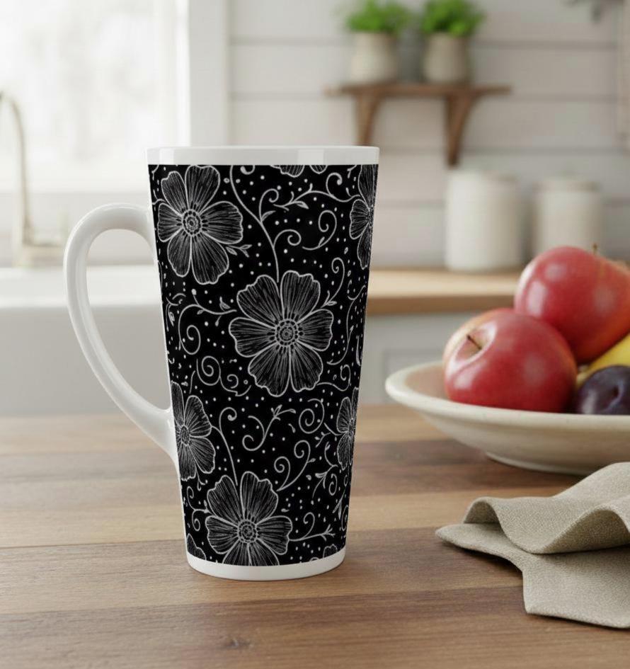 Set of 3 Cups, Floral, 17oz Latte Ceramic Mugs Set - Extra Tall Cup Set