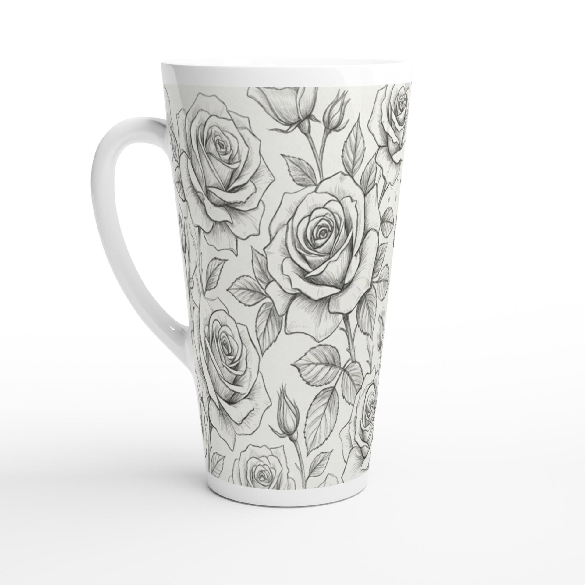 Set of 3 Cups, Floral, 17oz Latte Ceramic Mugs Set - Extra Tall Cup Set