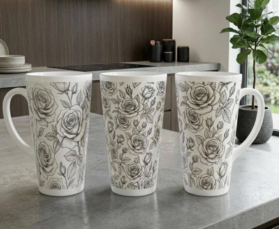 Set of 3 Cups, Floral, 17oz Latte Ceramic Mugs Set - Extra Tall Cup Set
