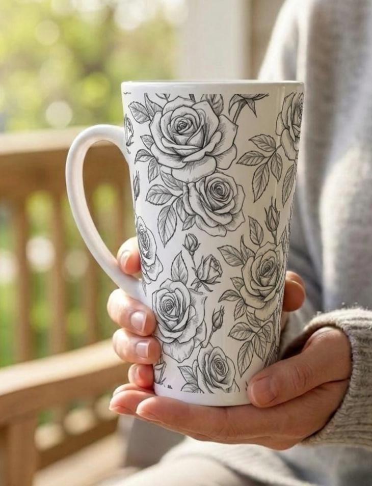 Set of 3 Cups, Floral, 17oz Latte Ceramic Mugs Set - Extra Tall Cup Set