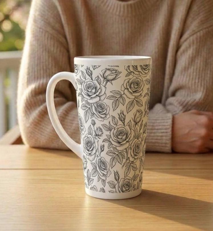 Set of 3 Cups, Floral, 17oz Latte Ceramic Mugs Set - Extra Tall Cup Set