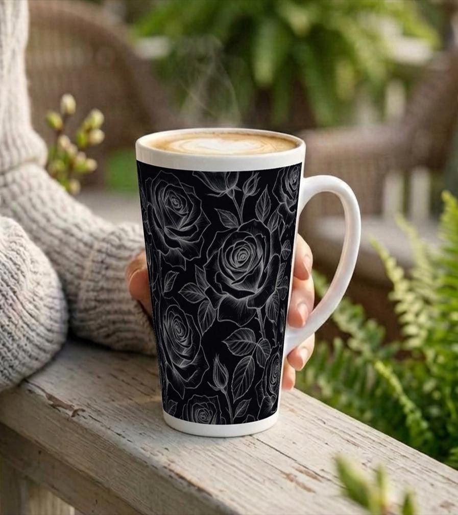 Set of 3 Cups, Floral, 17oz Latte Ceramic Mugs Set - Extra Tall Cup Set
