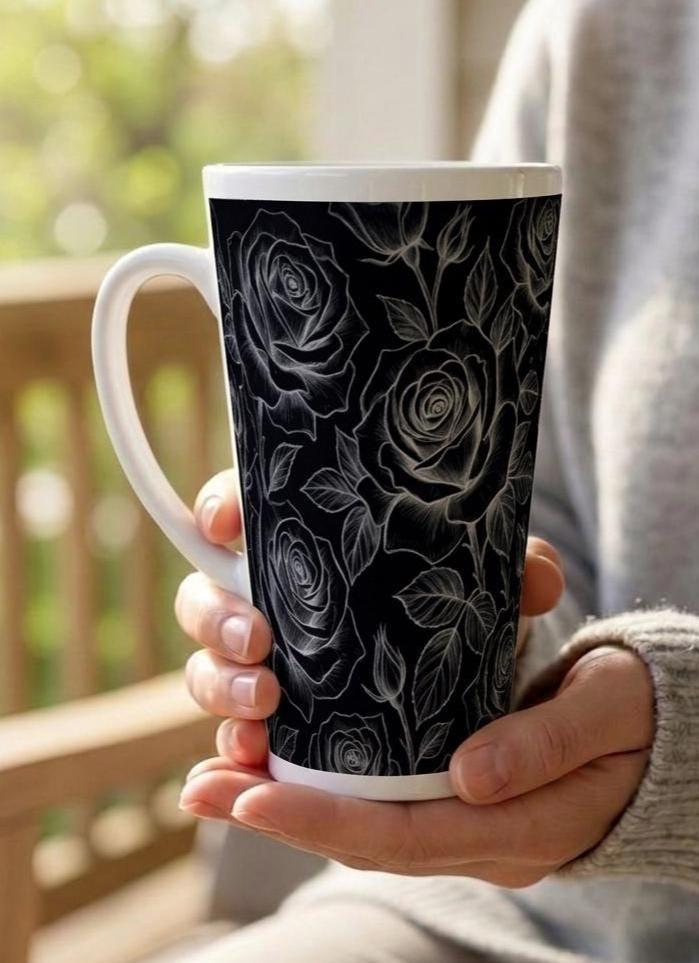 Set of 3 Cups, Floral, 17oz Latte Ceramic Mugs Set - Extra Tall Cup Set