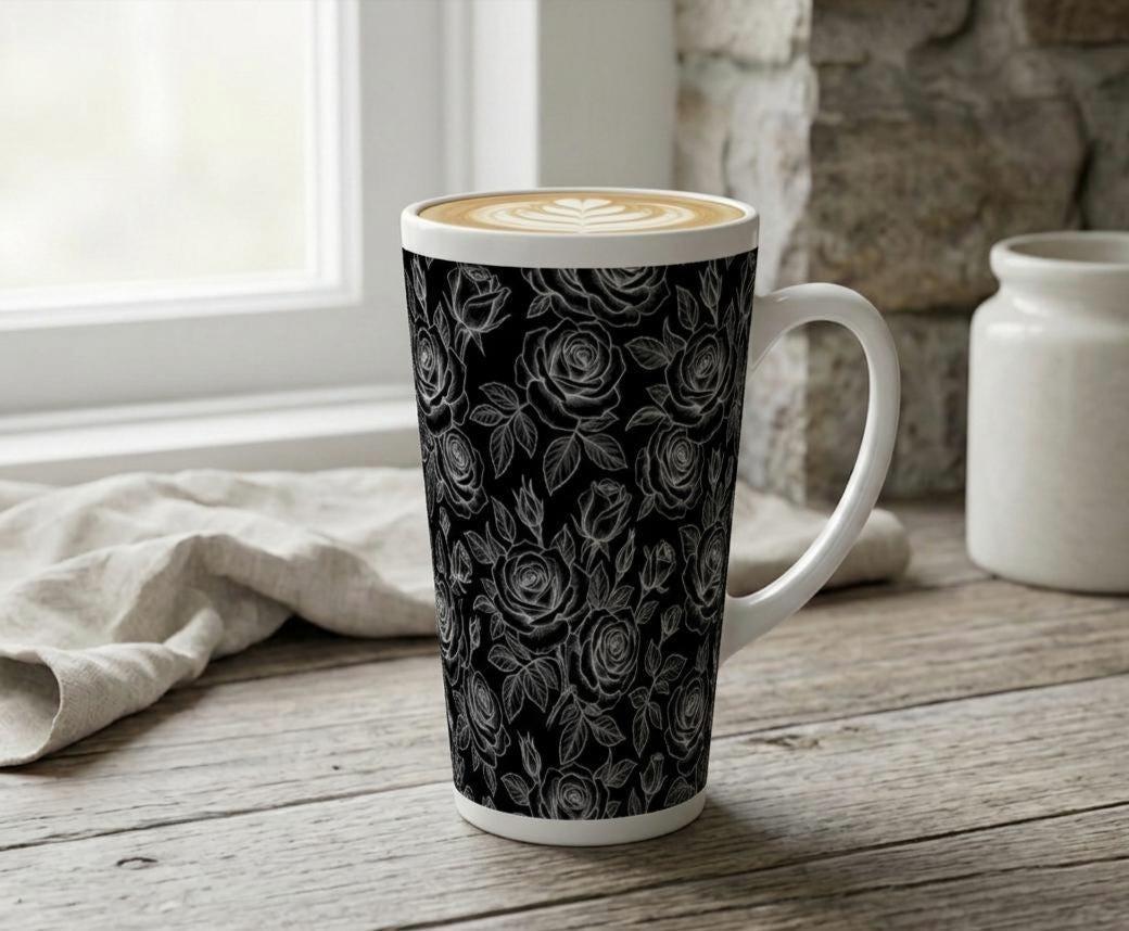 Set of 3 Cups, Floral, 17oz Latte Ceramic Mugs Set - Extra Tall Cup Set