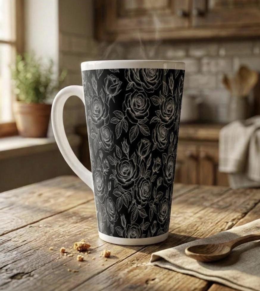 Set of 3 Cups, Floral, 17oz Latte Ceramic Mugs Set - Extra Tall Cup Set