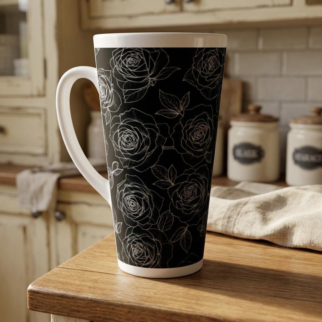 Set of 3 Cups, Floral, 17oz Latte Ceramic Mugs Set - Extra Tall Cup Set