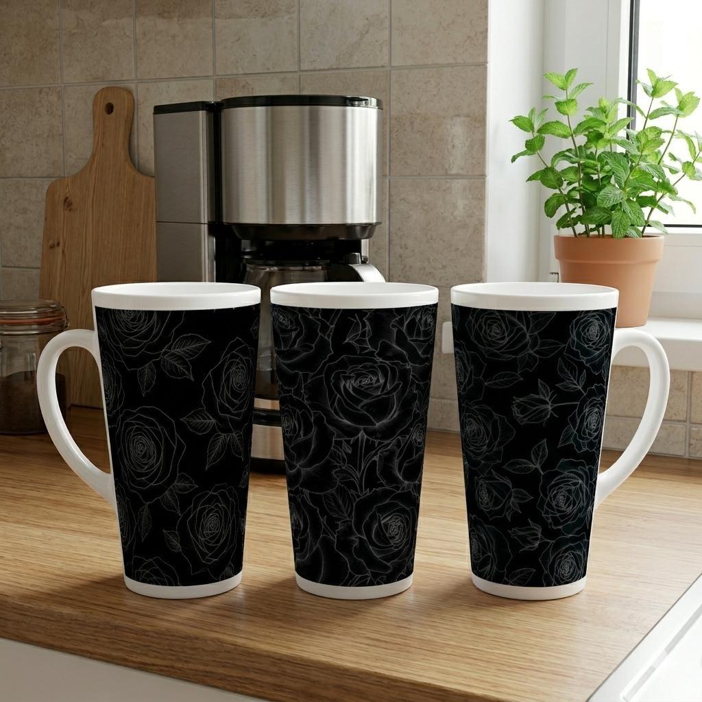 Set of 3 Cups, Floral, 17oz Latte Ceramic Mugs Set - Extra Tall Cup Set