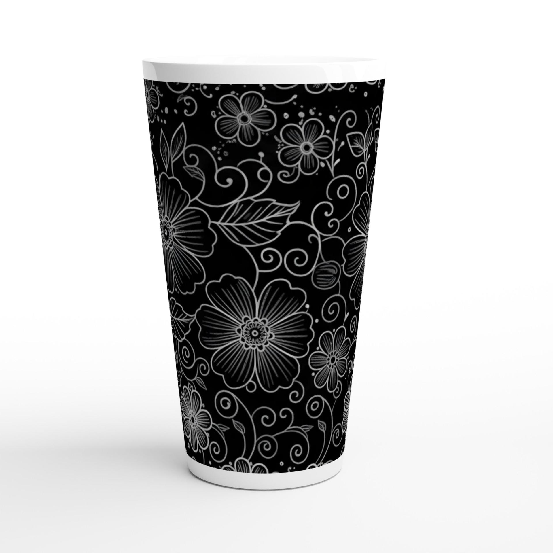 Set of 3 Cups, Floral, 17oz Latte Ceramic Mugs Set - Extra Tall Cup Set