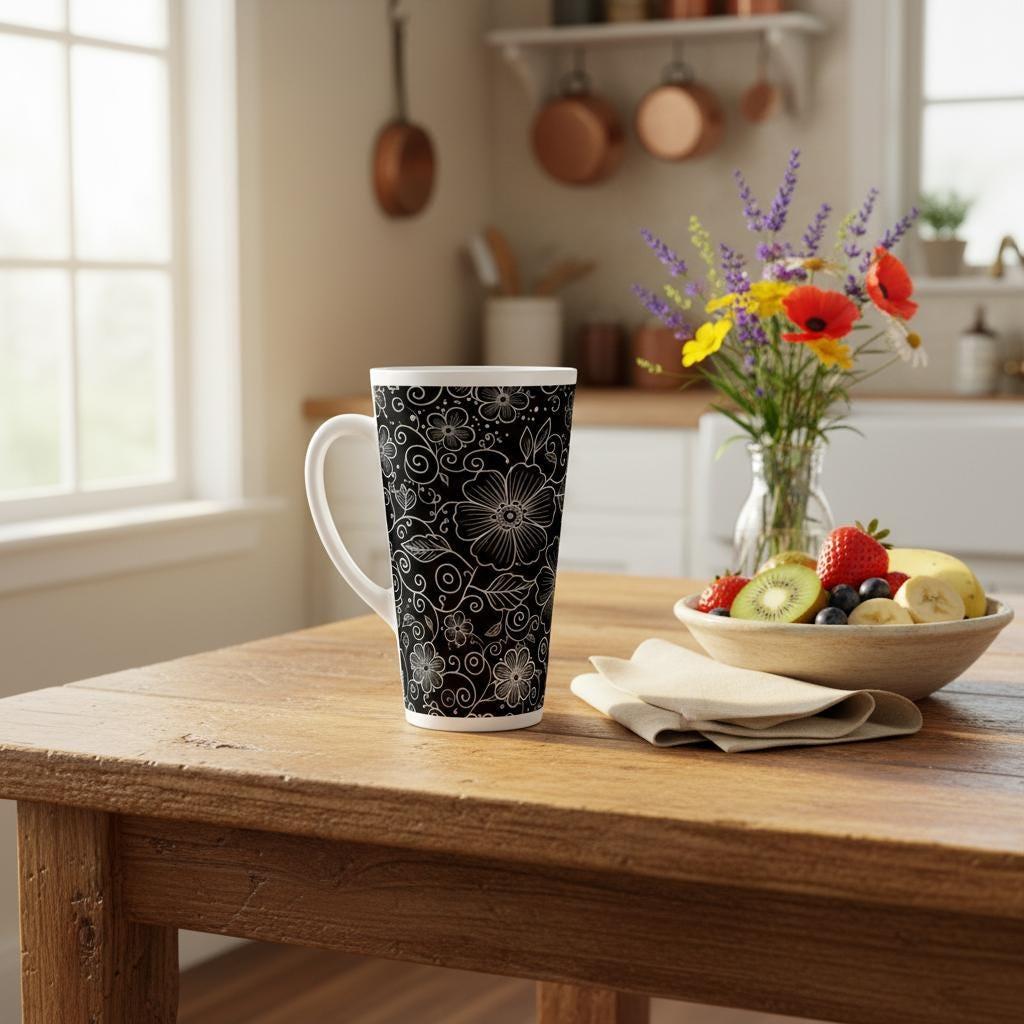 Set of 3 Cups, Floral, 17oz Latte Ceramic Mugs Set - Extra Tall Cup Set