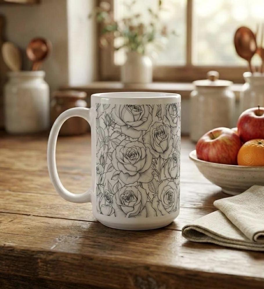 Set of Big Mugs, Floral Cup Set, Large 15 oz Matching Cups