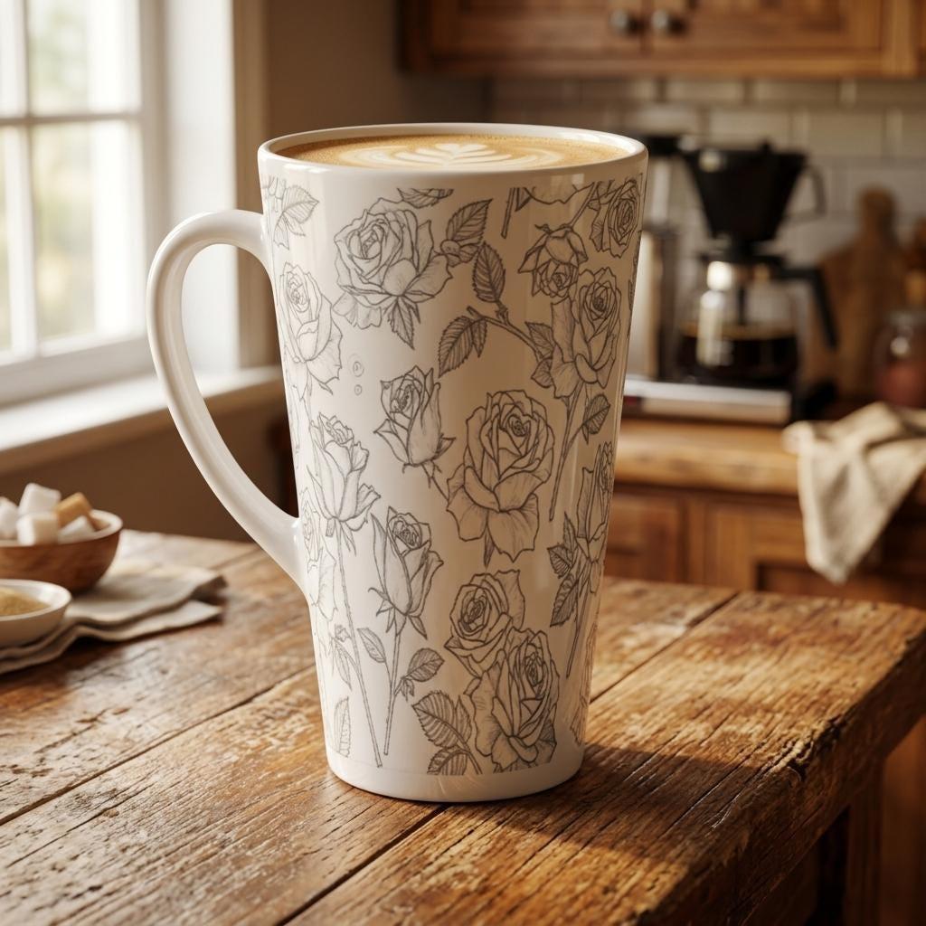 Set of 3 Cups, Floral, 17oz Latte Ceramic Mugs Set - Extra Tall Cup Set