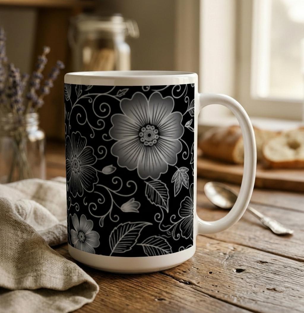 Set of Big Mugs, Dark Floral Cup Set, 15 oz