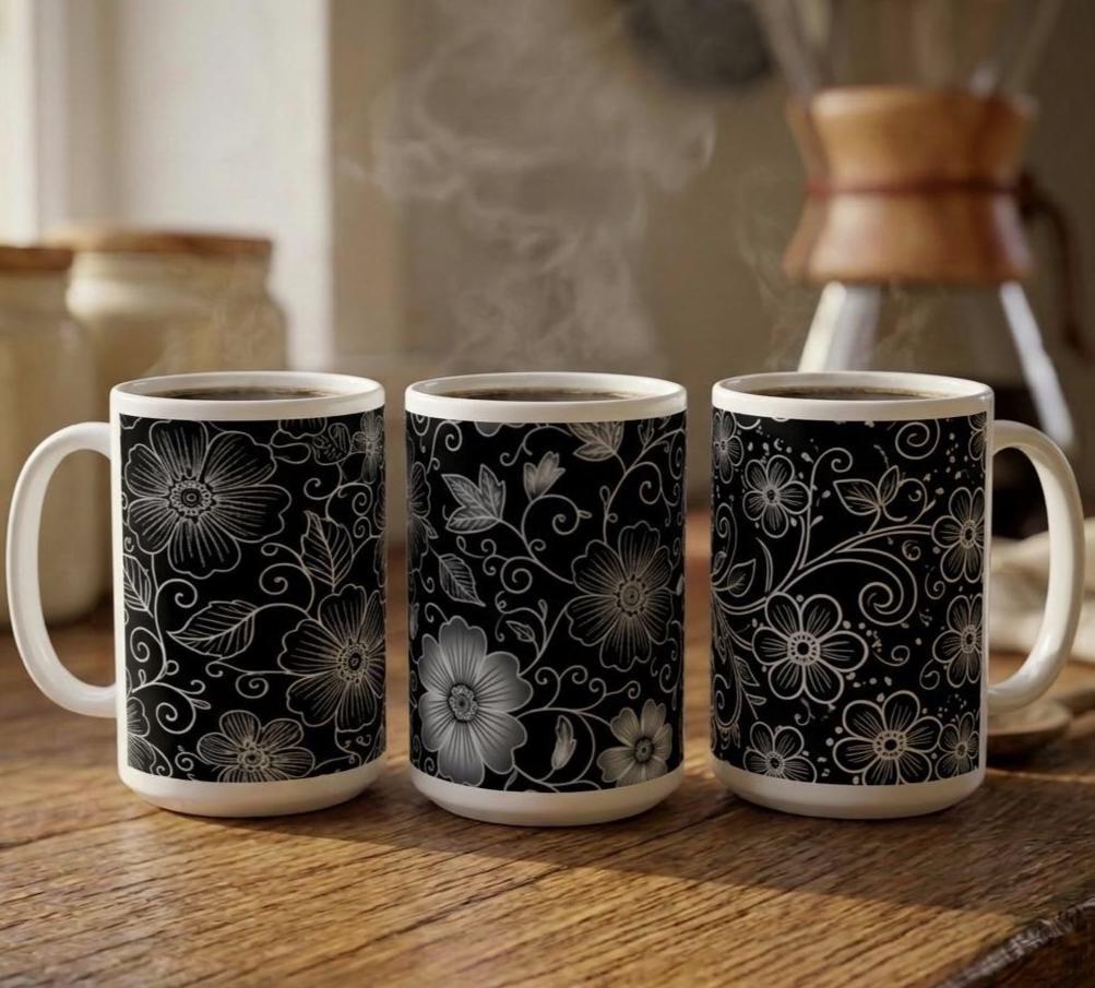 Set of Big Mugs, Dark Floral Cup Set, 15 oz