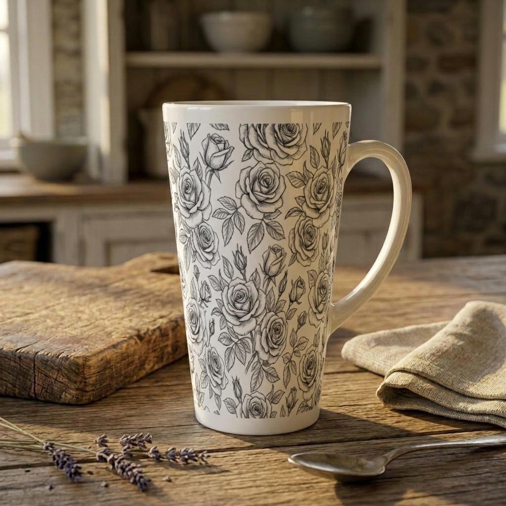 Roses, Latte 17oz Ceramic Mug - Coffee or Tea Cup, Extra Tall