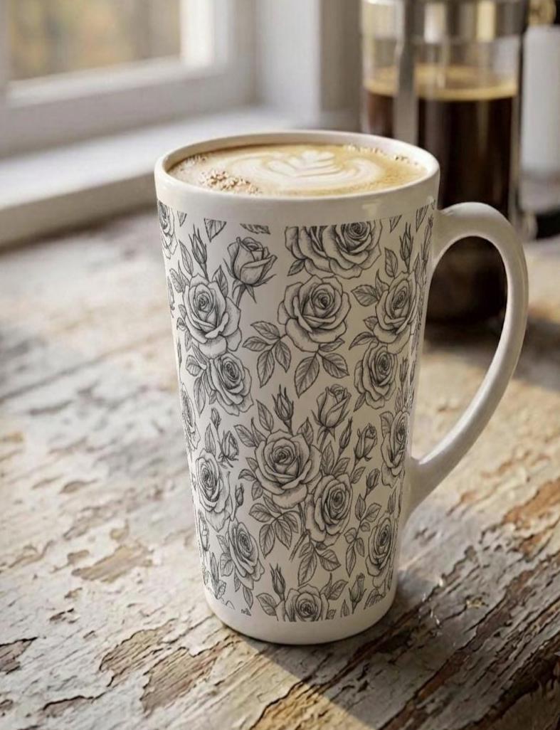 Roses, Latte 17oz Ceramic Mug - Coffee or Tea Cup, Extra Tall