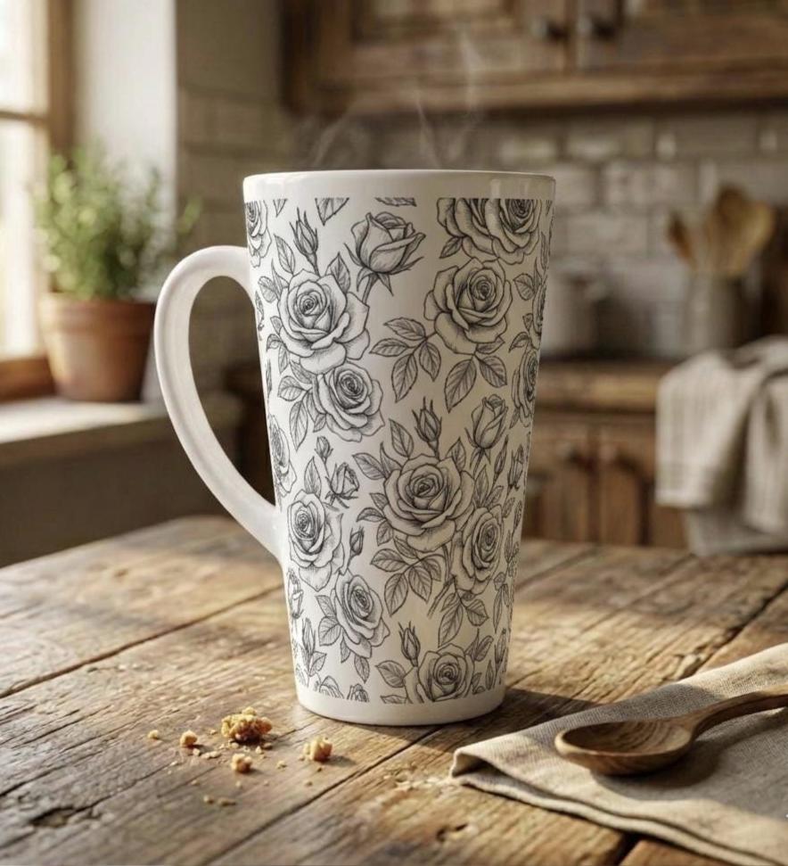 Roses, Latte 17oz Ceramic Mug - Coffee or Tea Cup, Extra Tall