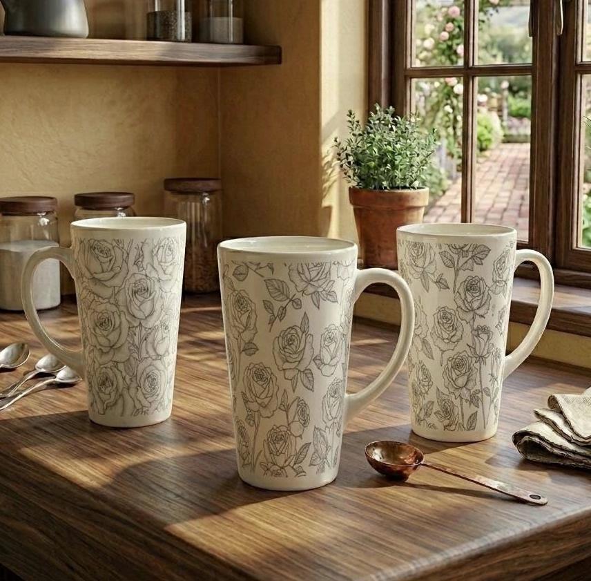Set of 3 Cups, Floral, 17oz Latte Ceramic Mugs Set - Extra Tall Cup Set