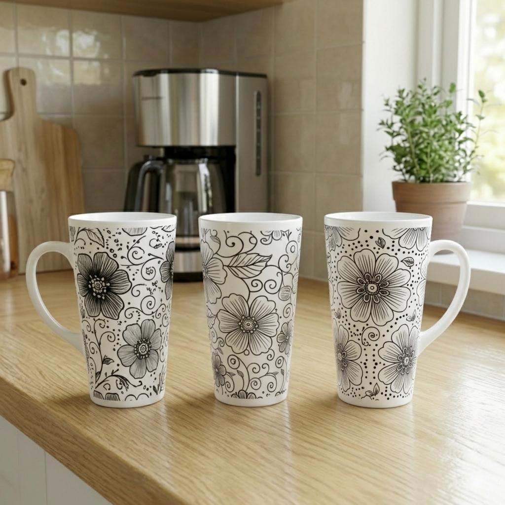 Set of 3 Cups, Floral, 17oz Latte Ceramic Mugs Set - Extra Tall Cup Set