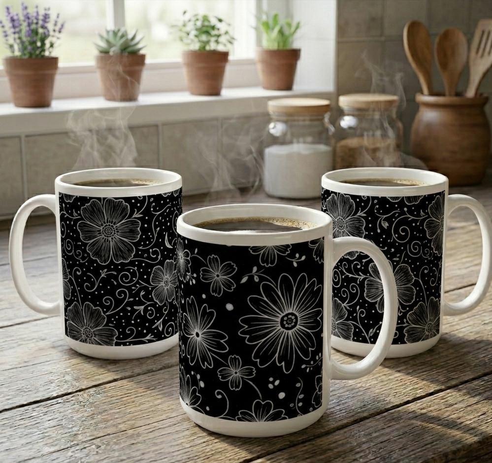 Set of Big Mugs, Floral Cup Set, Large 15 oz Matching Cups