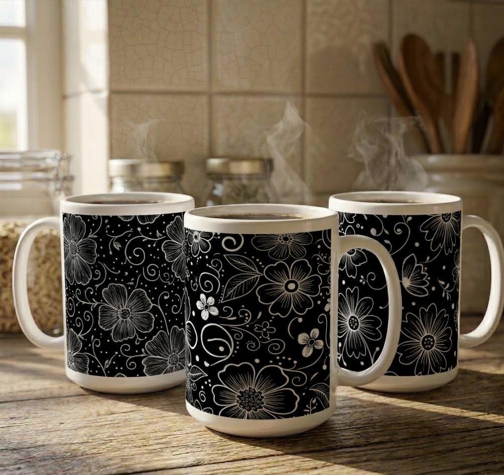 Set of Big Mugs, Floral Cup Set, Large 15 oz Matching Cups