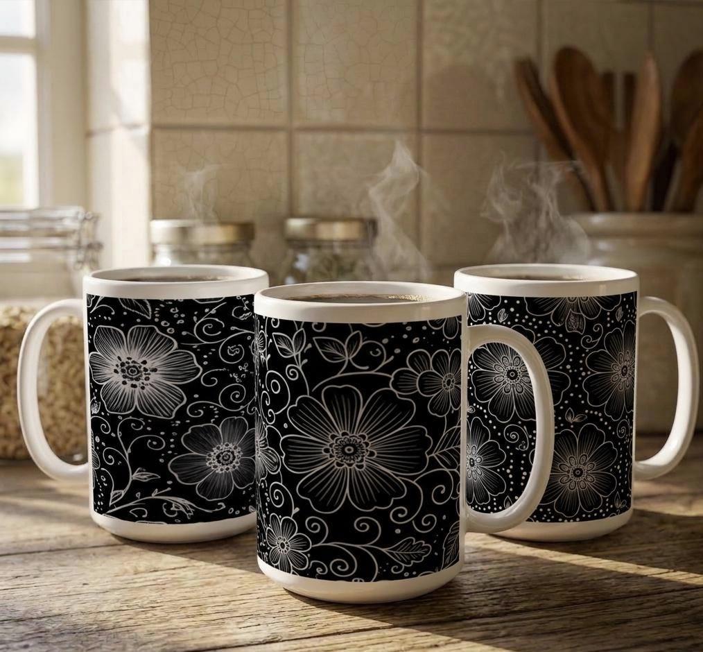 Set of Big Mugs, Floral Cup Set, Large 15 oz Matching Cups