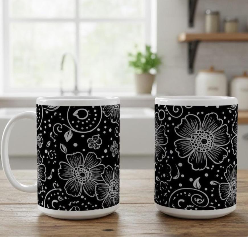 Set of Big Mugs, Floral Cup Set, Large 15 oz Matching Cups