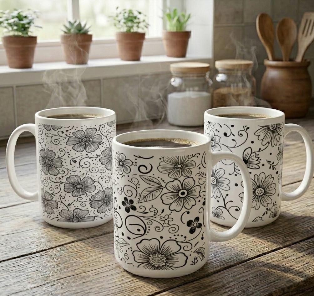 Set of Big Mugs, Floral Cup Set, Large 15 oz Matching Cups