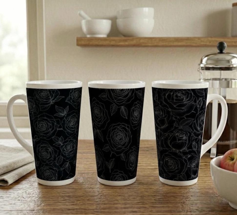 Set of 3 Cups, Floral, 17oz Latte Ceramic Mugs Set - Extra Tall Cup Set